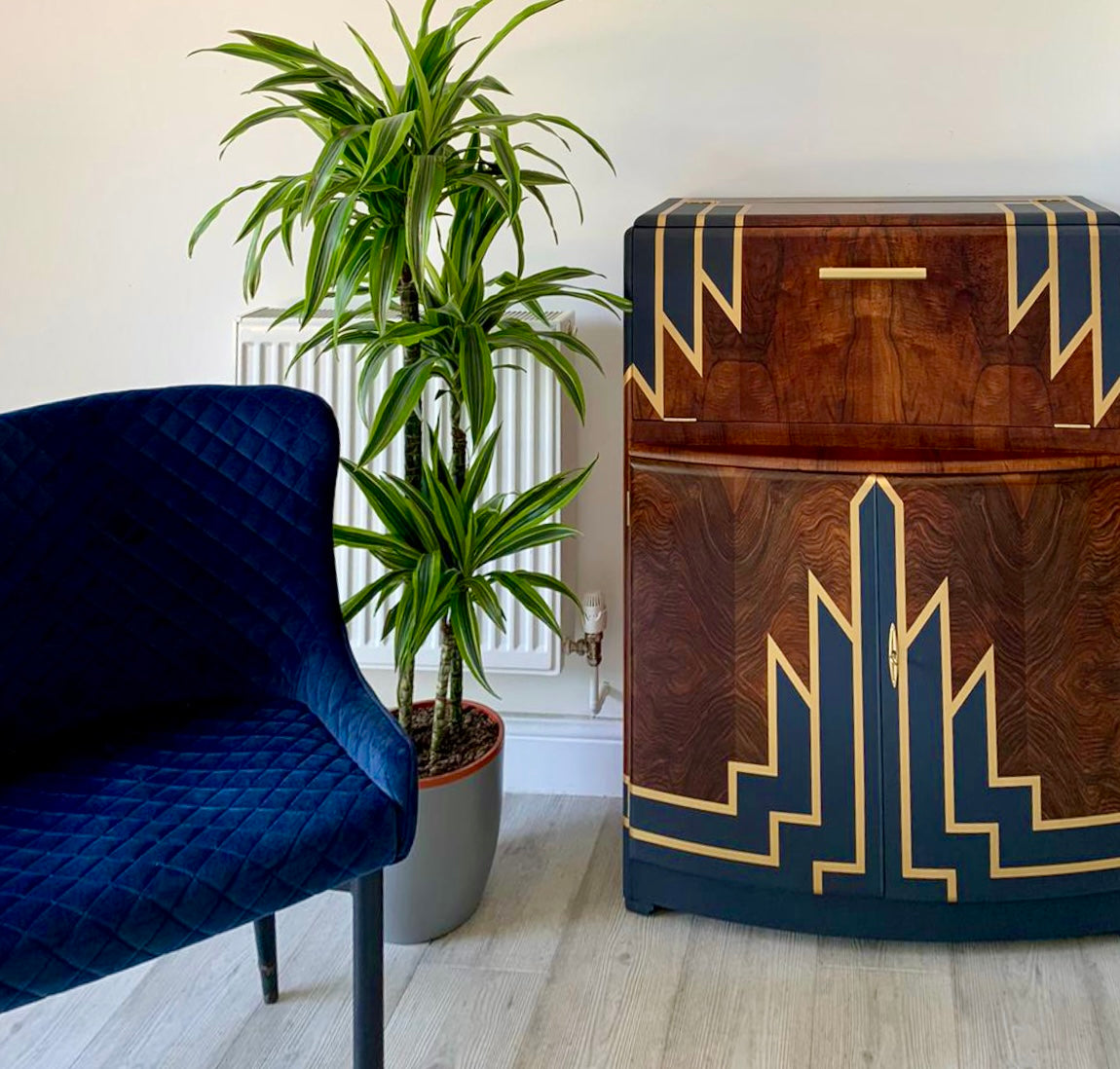 Vintage Walnut 1920s Art Deco Cocktail Cabinet - Bespoke Hand-Painted Design - Midnight Rising - *MADE TO ORDER*