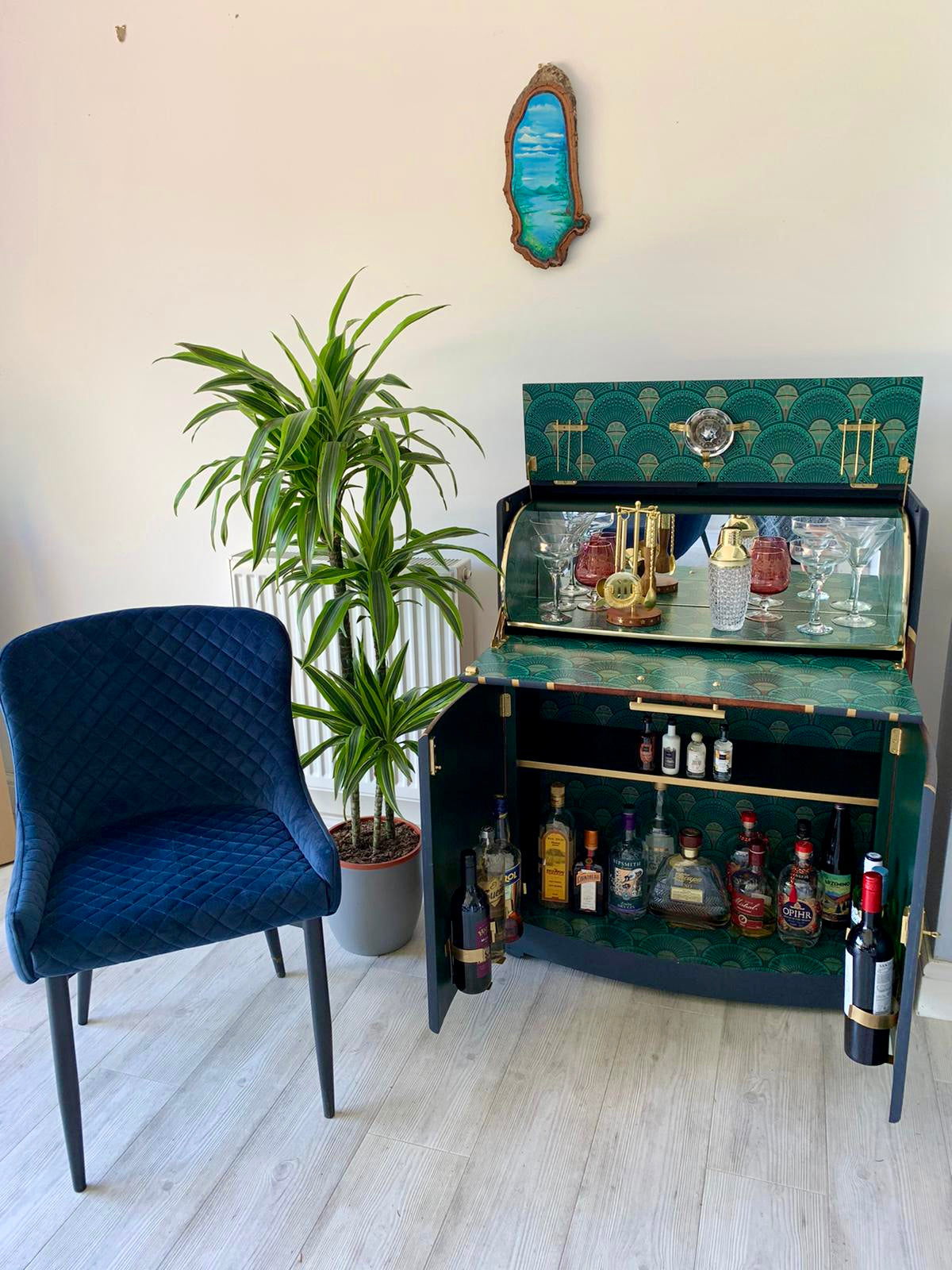 Vintage Walnut 1920s Art Deco Cocktail Cabinet - Bespoke Hand-Painted Design - Midnight Rising - *MADE TO ORDER*