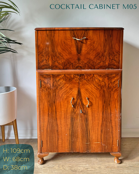 Gold Art Deco Walnut Drinks Cocktail Gin Wine Bar Cabinet - MADE TO ORDER