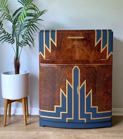 Vintage Walnut 1920s Art Deco Cocktail Cabinet - Bespoke Hand-Painted Design - Midnight Rising - *MADE TO ORDER*