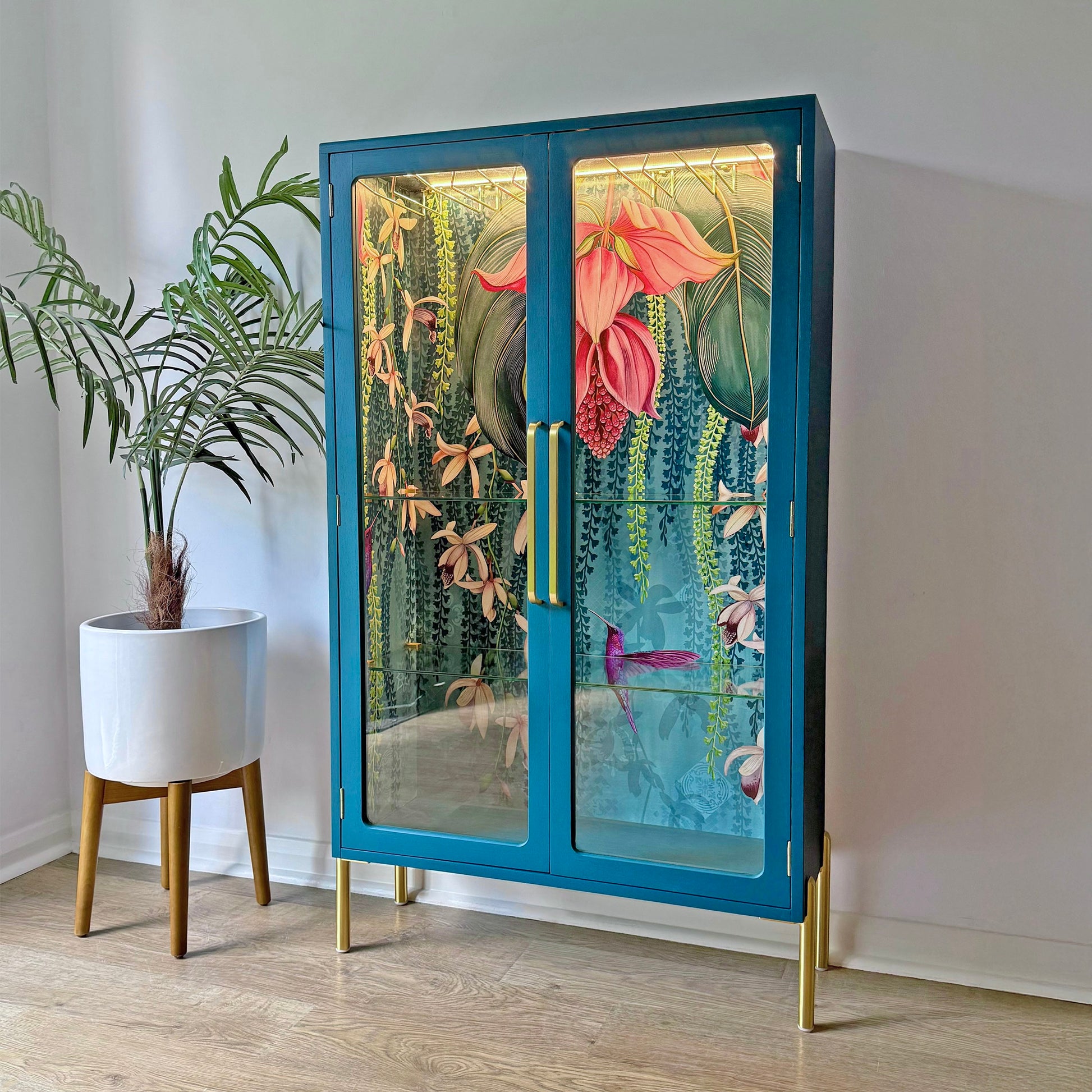 Angled image of a lit display cabinet with a botanical hummingbird wallpaper interior, teal frame, and gold handles.
