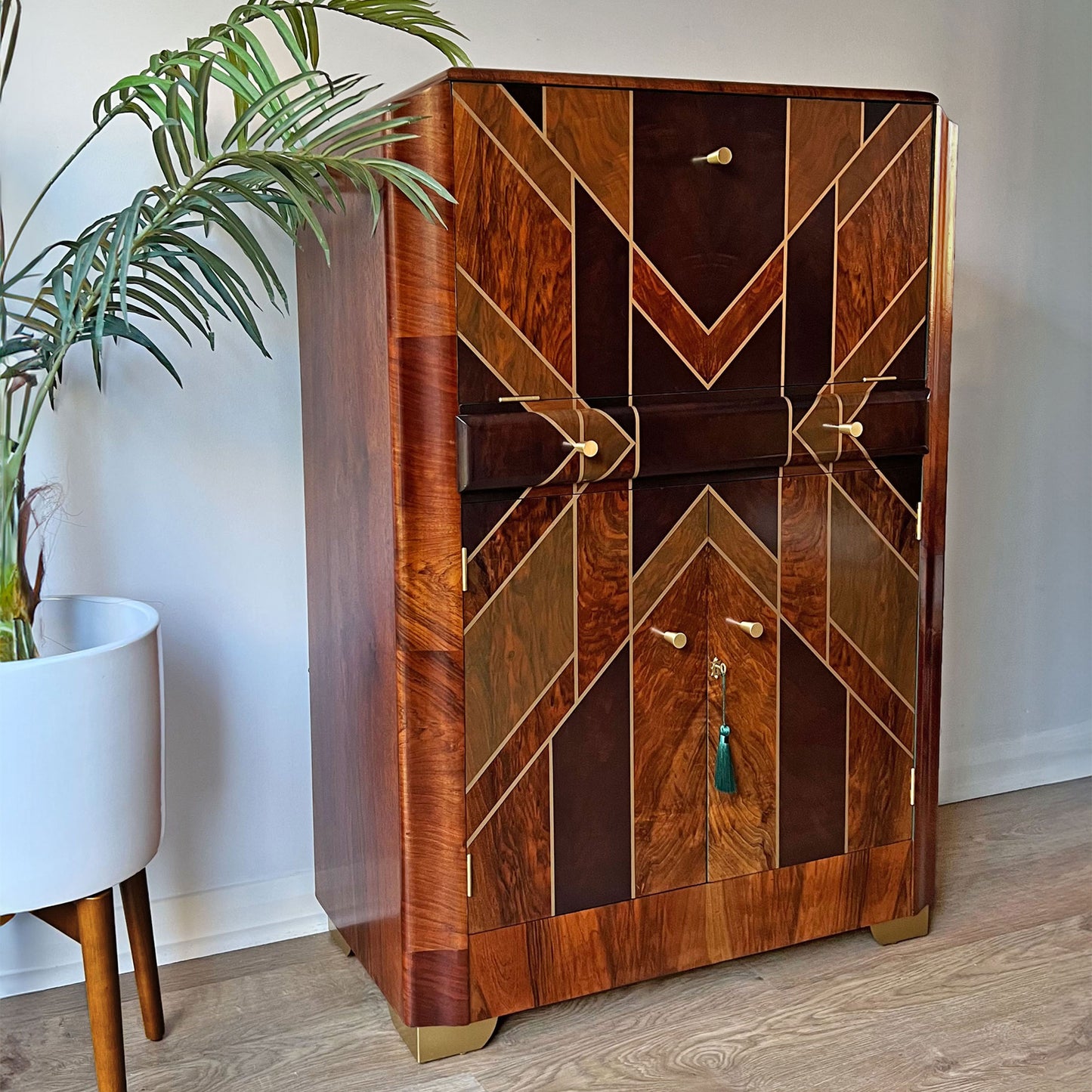 Art Deco Gatsby Walnut Gold Geometric Drinks Cocktail Whiskey Cabinet - *MADE TO ORDER*