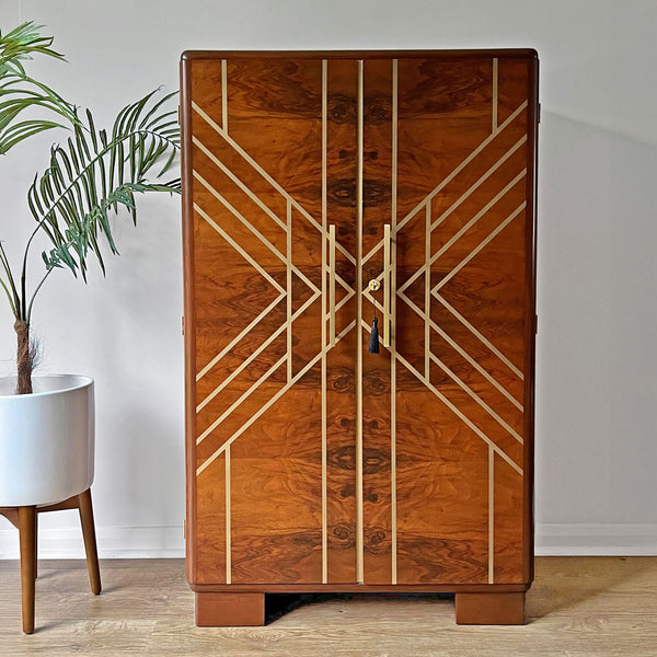 Large Art Deco Walnut Drinks Cabinet / Whiskey Bar - Gold Geometric Design - *MADE TO ORDER*