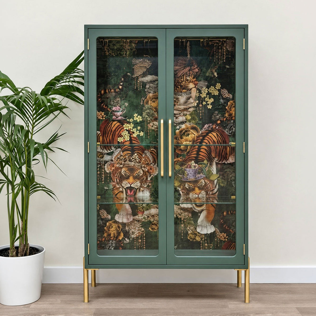 G Plan Modern Glass Display Drinks Cocktail Cabinet - Sage Green Tiger's Teatime