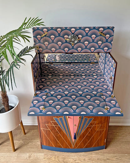 Vintage Walnut 1920s Art Deco Cocktail Cabinet - Bespoke Pink & Blue Hand-Painted Design - Made to Order