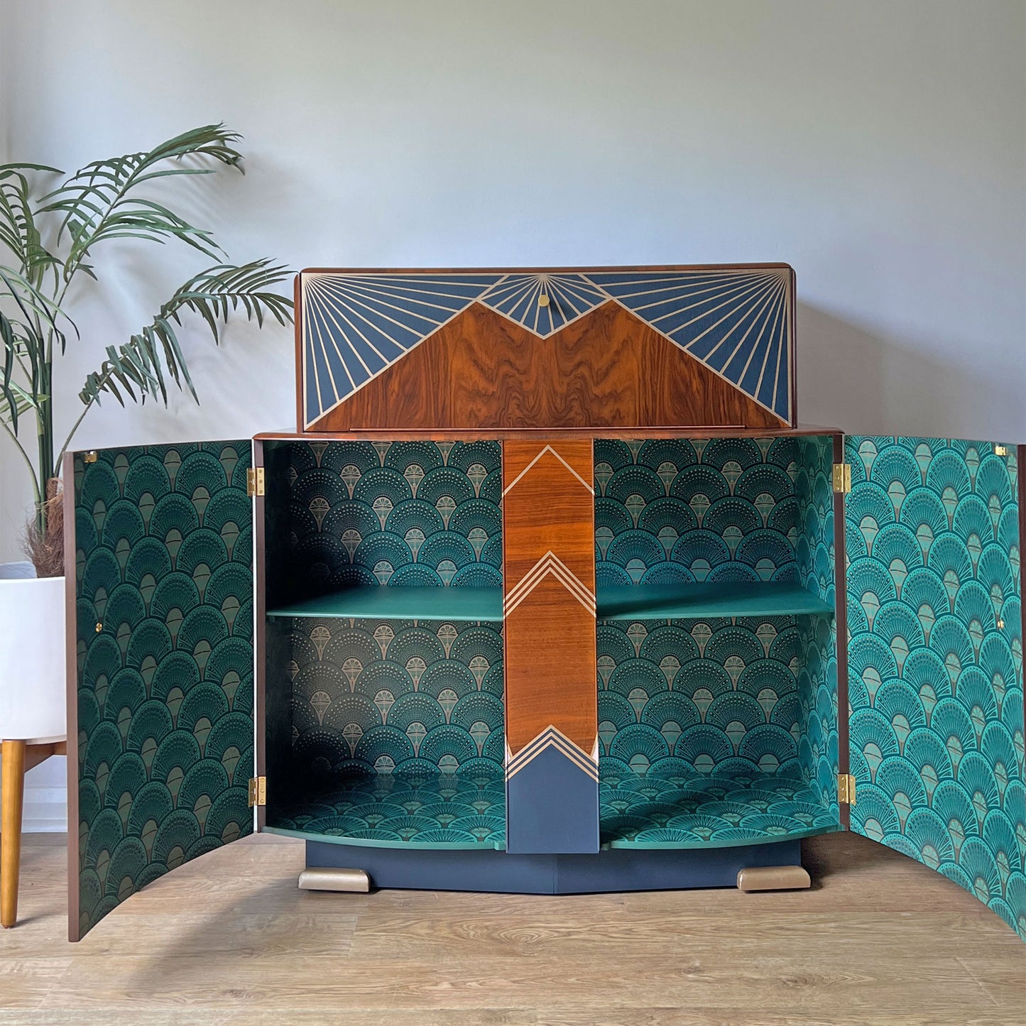 Large Vintage Walnut 1920s Art Deco Cocktail Cabinet - Bespoke Hand-Painted Pink & Blue Design - *MADE TO ORDER*