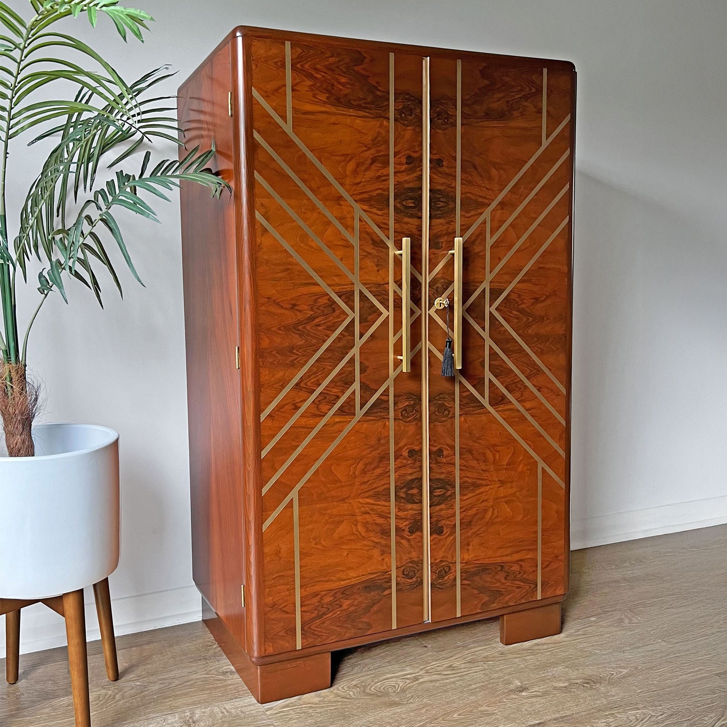 Large Art Deco Walnut Drinks Cabinet / Whiskey Bar - Gold Geometric Design - *MADE TO ORDER*