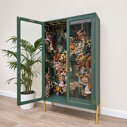 G Plan Modern Glass Display Drinks Cocktail Cabinet - Sage Green Tiger's Teatime