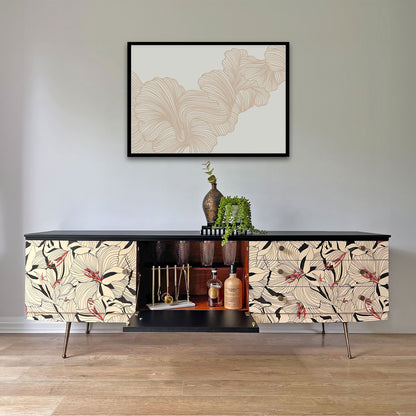 Beautility sideboard with unique drop-down central cupboard, perfect as a hidden cocktail station or vintage bar storage.