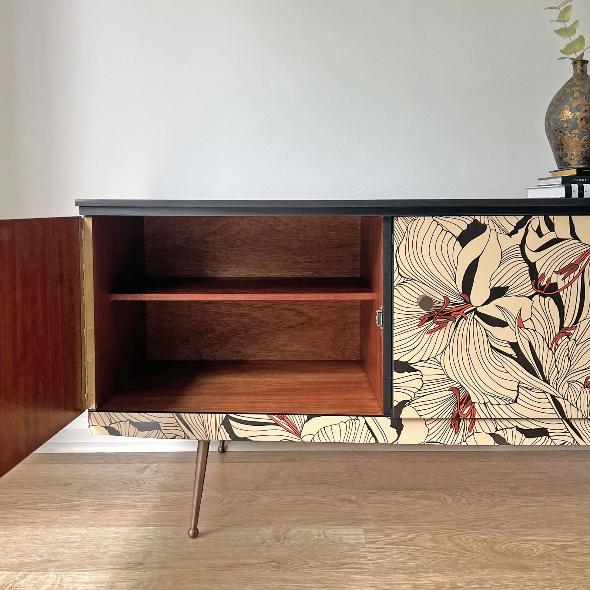 Beautility sideboard with spacious storage, featuring three drawers and two cupboards with fixed shelves for organised storage.