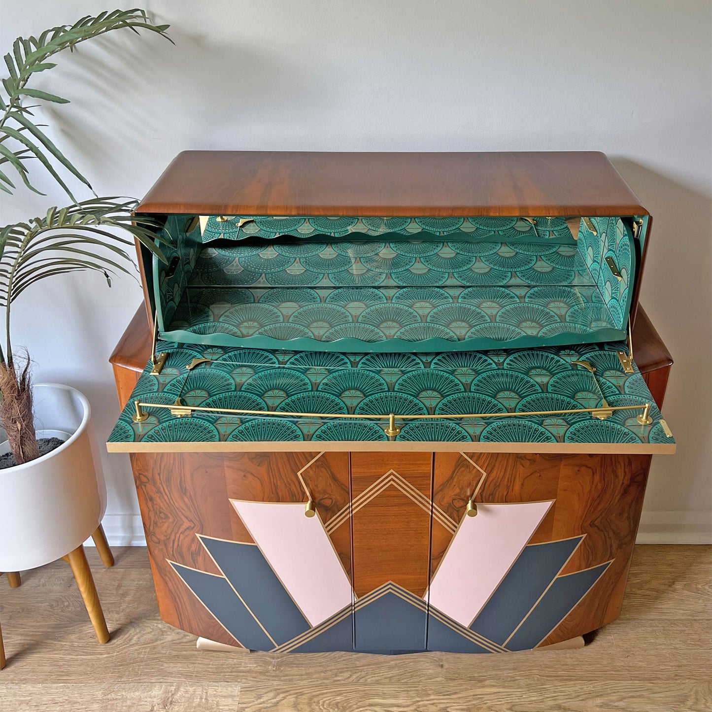 Large Vintage Walnut 1920s Art Deco Cocktail Cabinet - Bespoke Hand-Painted Pink & Blue Design - *MADE TO ORDER*