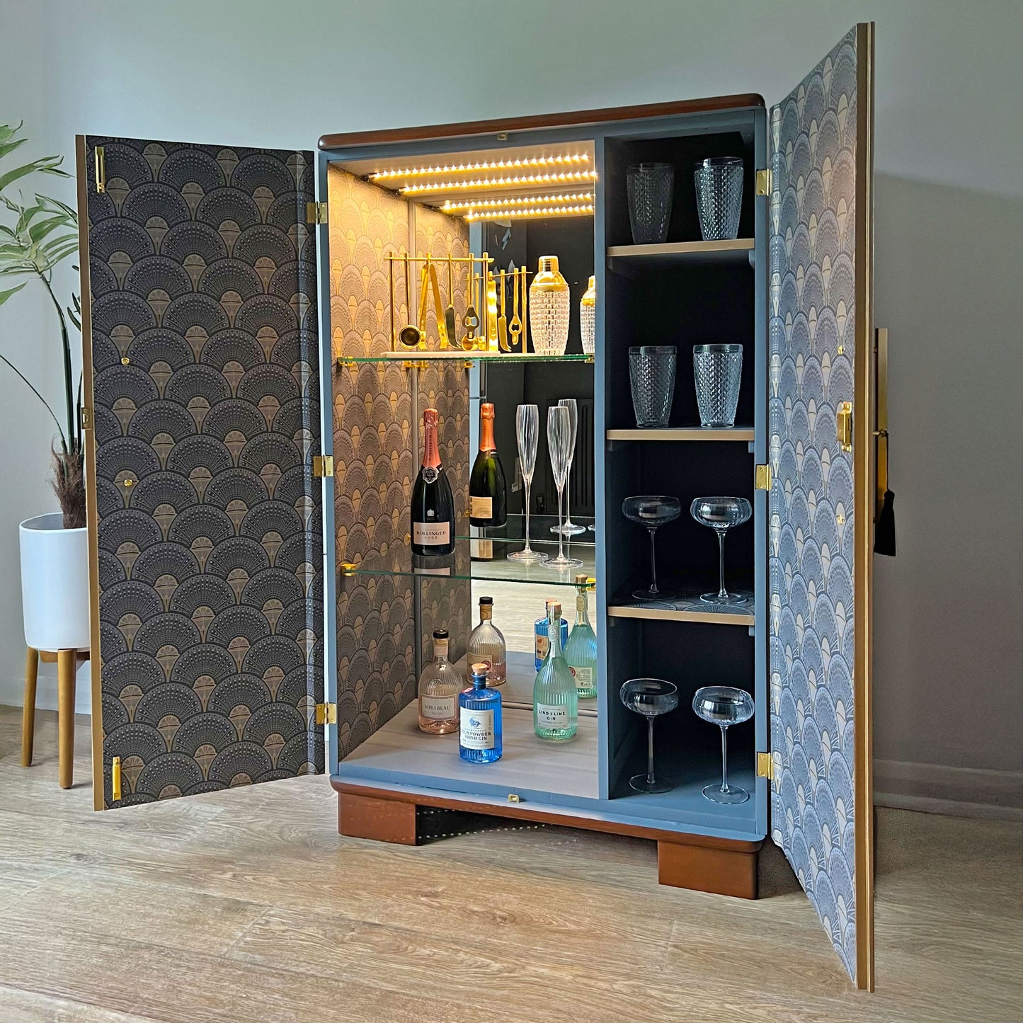 Large Art Deco Walnut Drinks Cabinet / Whiskey Bar - Gold Geometric Design - *MADE TO ORDER*