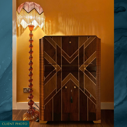 Art Deco Gatsby Walnut Gold Geometric Drinks Cocktail Whiskey Cabinet - *MADE TO ORDER*