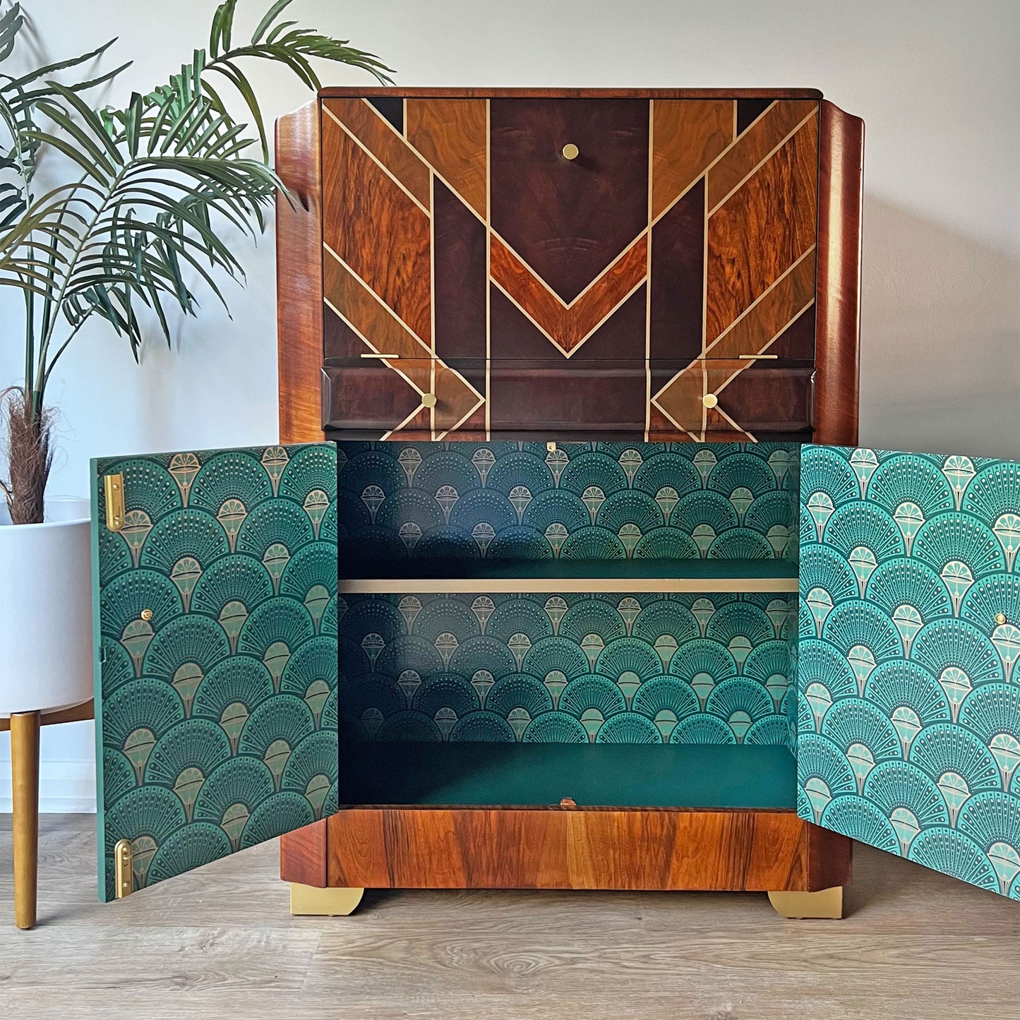 Art Deco Gatsby Walnut Gold Geometric Drinks Cocktail Whiskey Cabinet - *MADE TO ORDER*