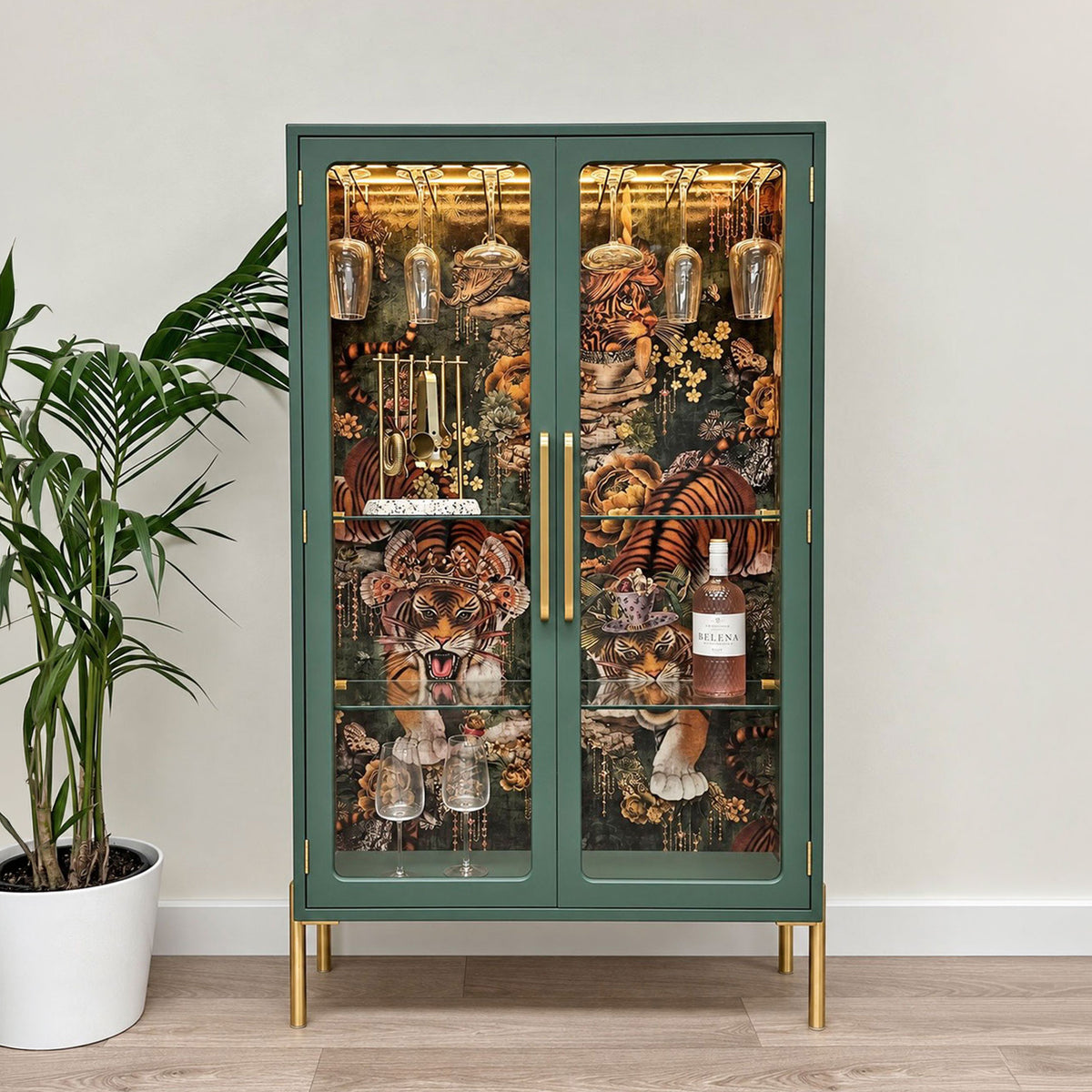 G Plan Modern Glass Display Drinks Cocktail Cabinet - Sage Green Tiger's Teatime