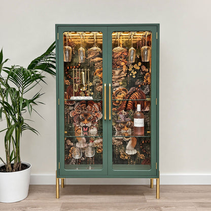 G Plan Modern Glass Display Drinks Cocktail Cabinet - Sage Green Tiger's Teatime