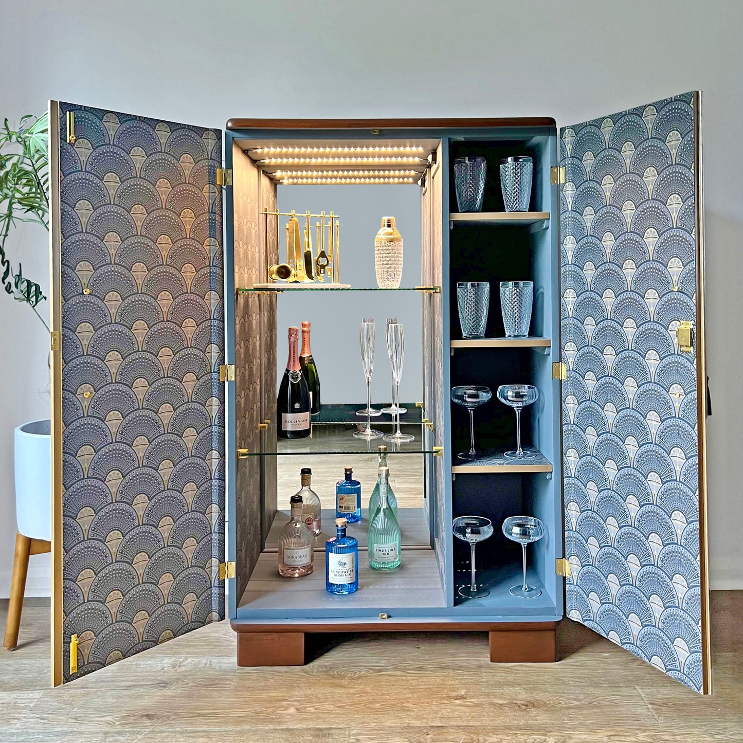 Large Art Deco Walnut Drinks Cabinet / Whiskey Bar - Gold Geometric Design - *MADE TO ORDER*