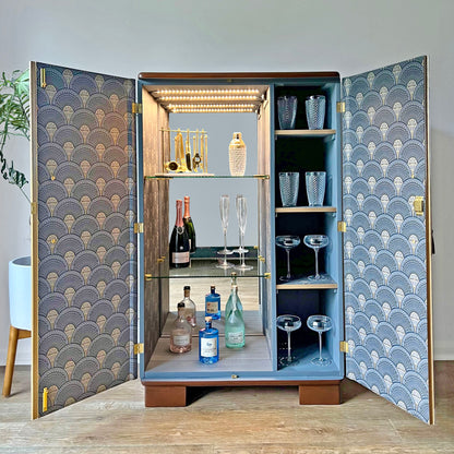 Large Art Deco Walnut Drinks Cabinet / Whiskey Bar - Gold Geometric Design - *MADE TO ORDER*