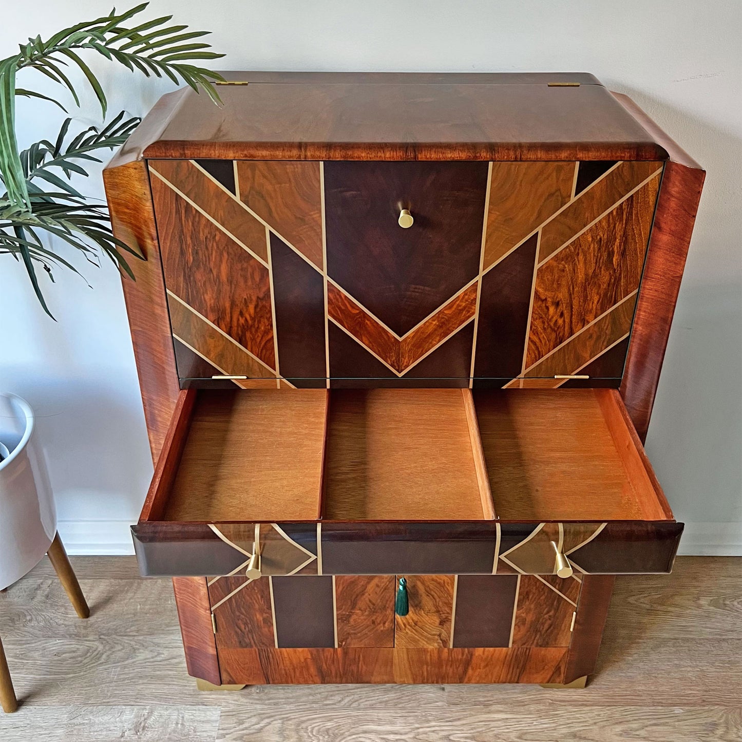 Art Deco Gatsby Walnut Gold Geometric Drinks Cocktail Whiskey Cabinet - *MADE TO ORDER*