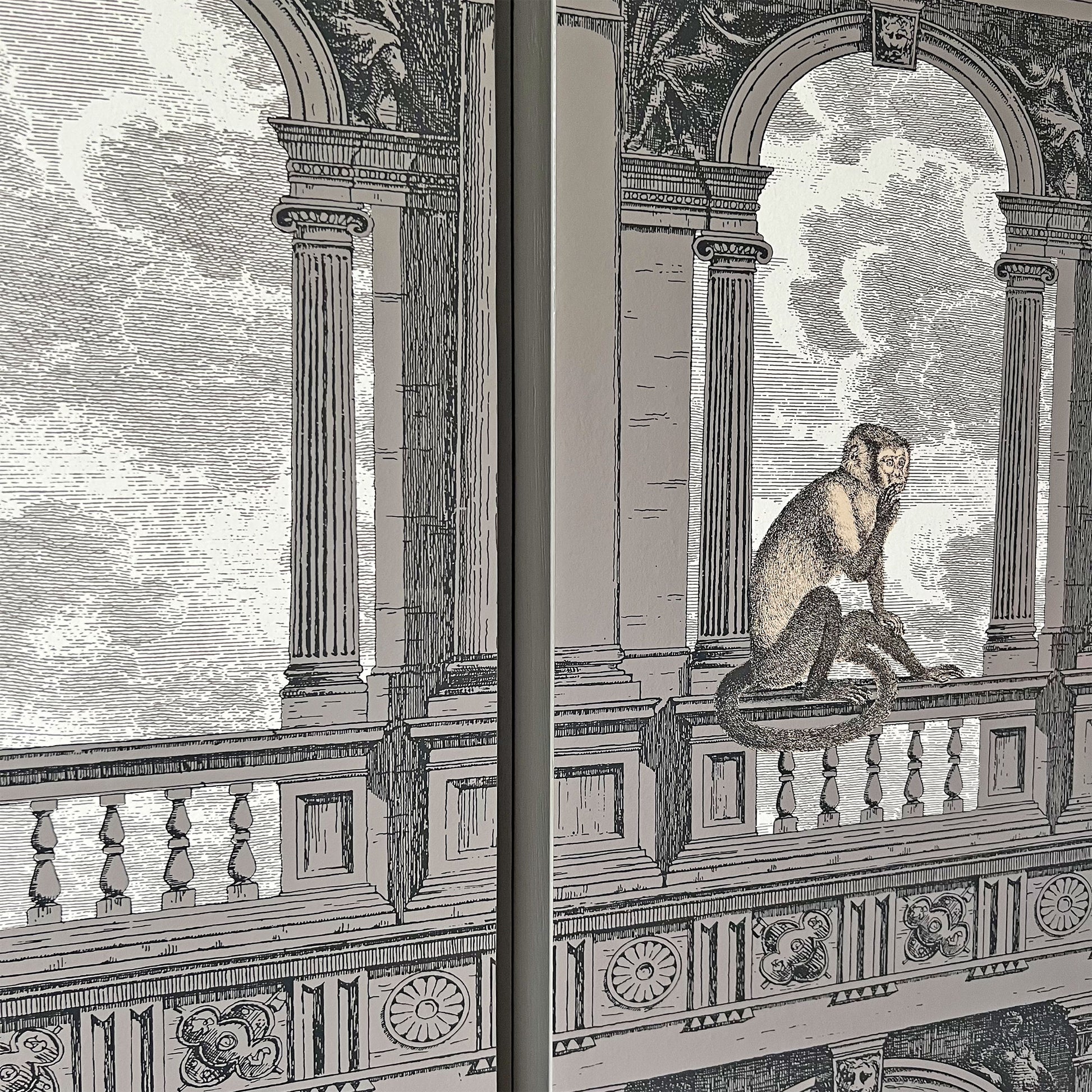 Close-up of Cole & Son x Fornasetti 'Procuratie con Vista' design on luxury drinks cabinet, depicting Venetian arches with whimsical monkeys.