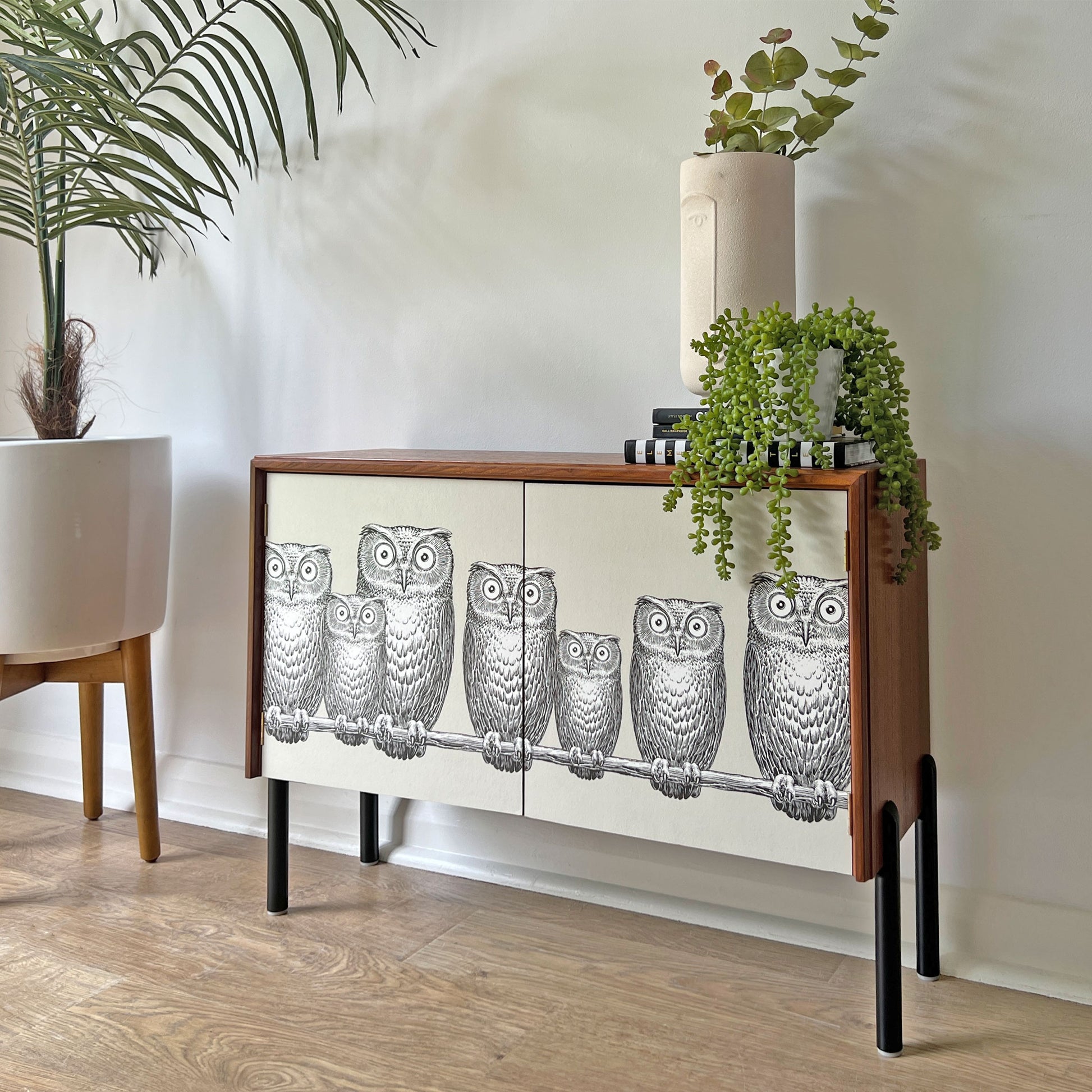 Side profile of G Plan cabinet, featuring a unique Fornasetti owl print, sleek matte black legs, and a clean, handle-less door design.