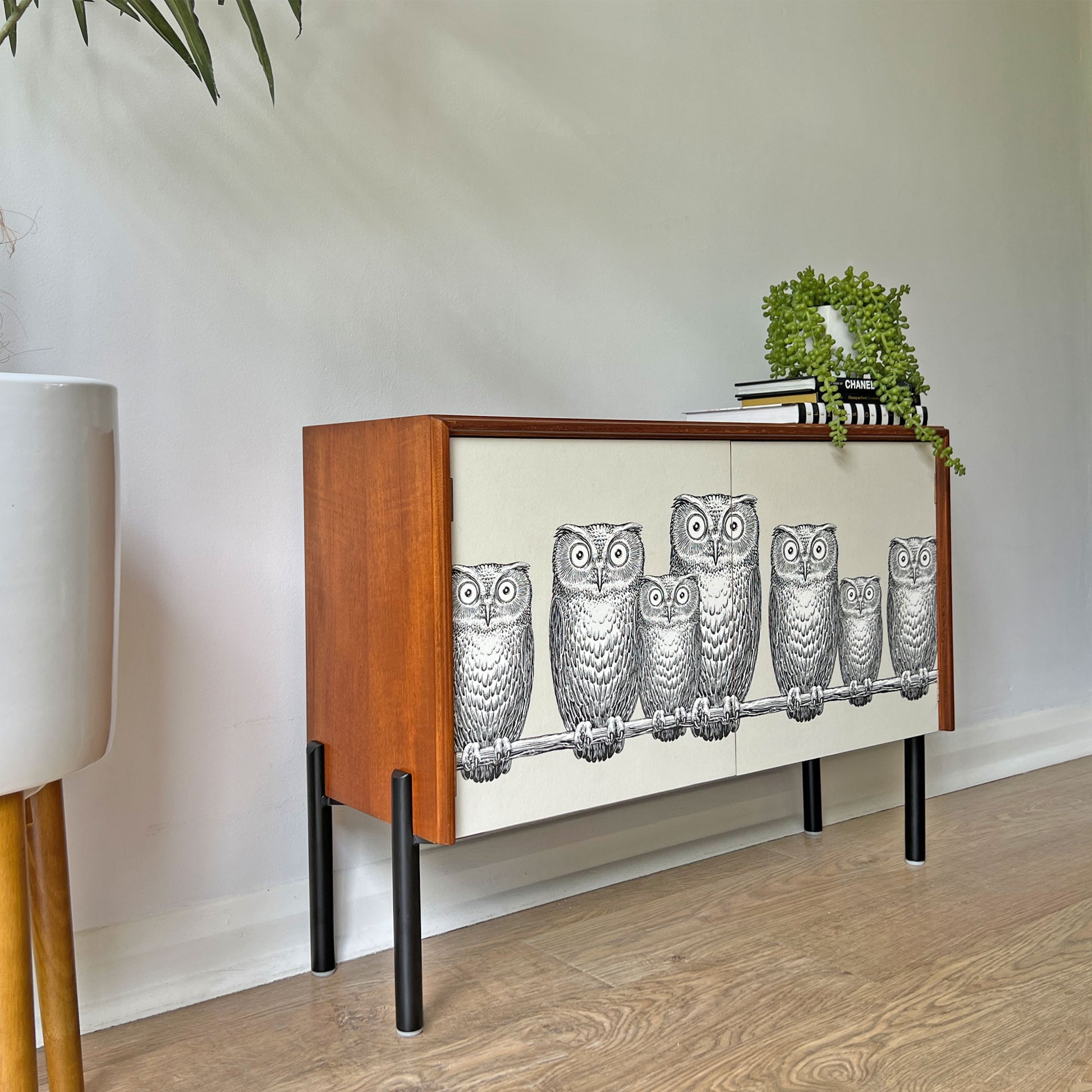 Side profile of G Plan cabinet, featuring a unique Fornasetti owl print, sleek matte black legs, and a clean, handle-less door design.