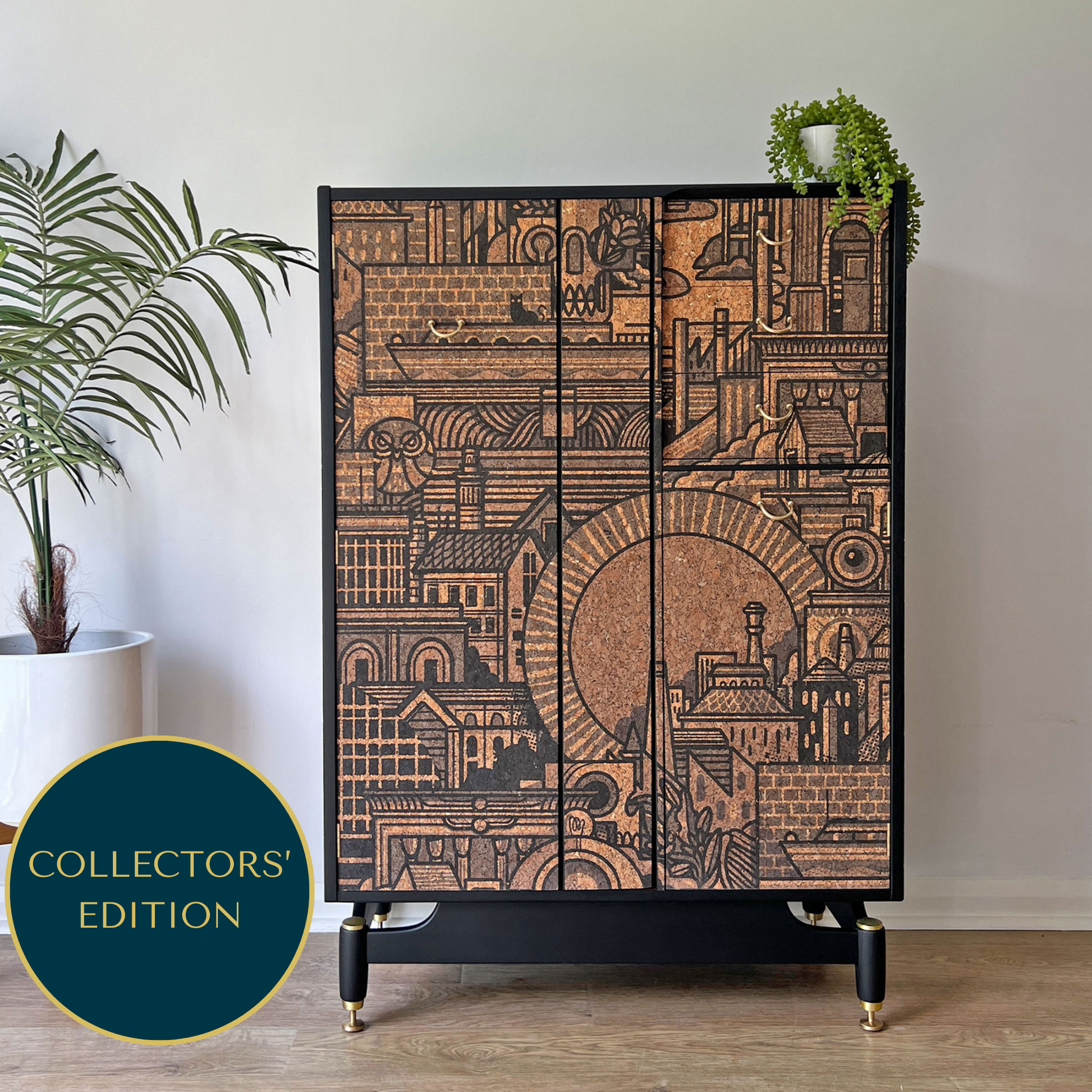 Mid-Century G Plan Librenza wardrobe transformed into a bespoke drinks cabinet, featuring a Portuguese cork print by Drew Millward & The Monkey Puzzle Tree.