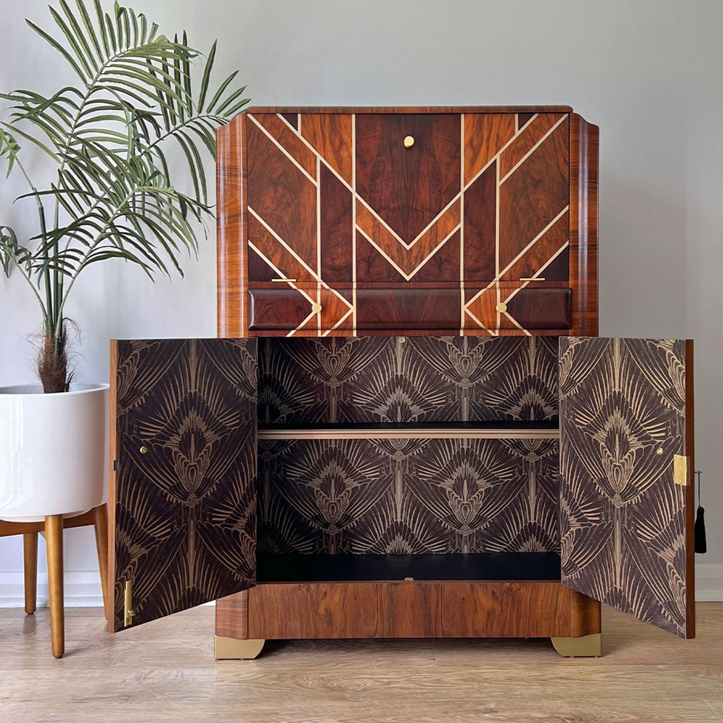 Art Deco Gatsby Walnut Gold Geometric Drinks Cocktail Whiskey Cabinet - *MADE TO ORDER*