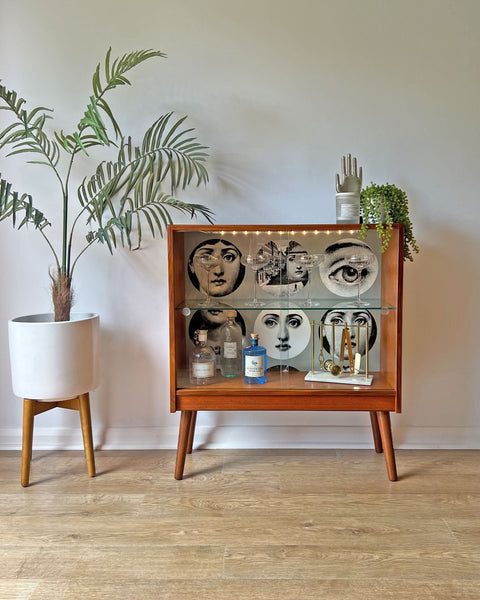Vintage G Plan Teak Small Glass Fronted Display Drinks Cabinet - Fornasetti Tema E Variazioni 1