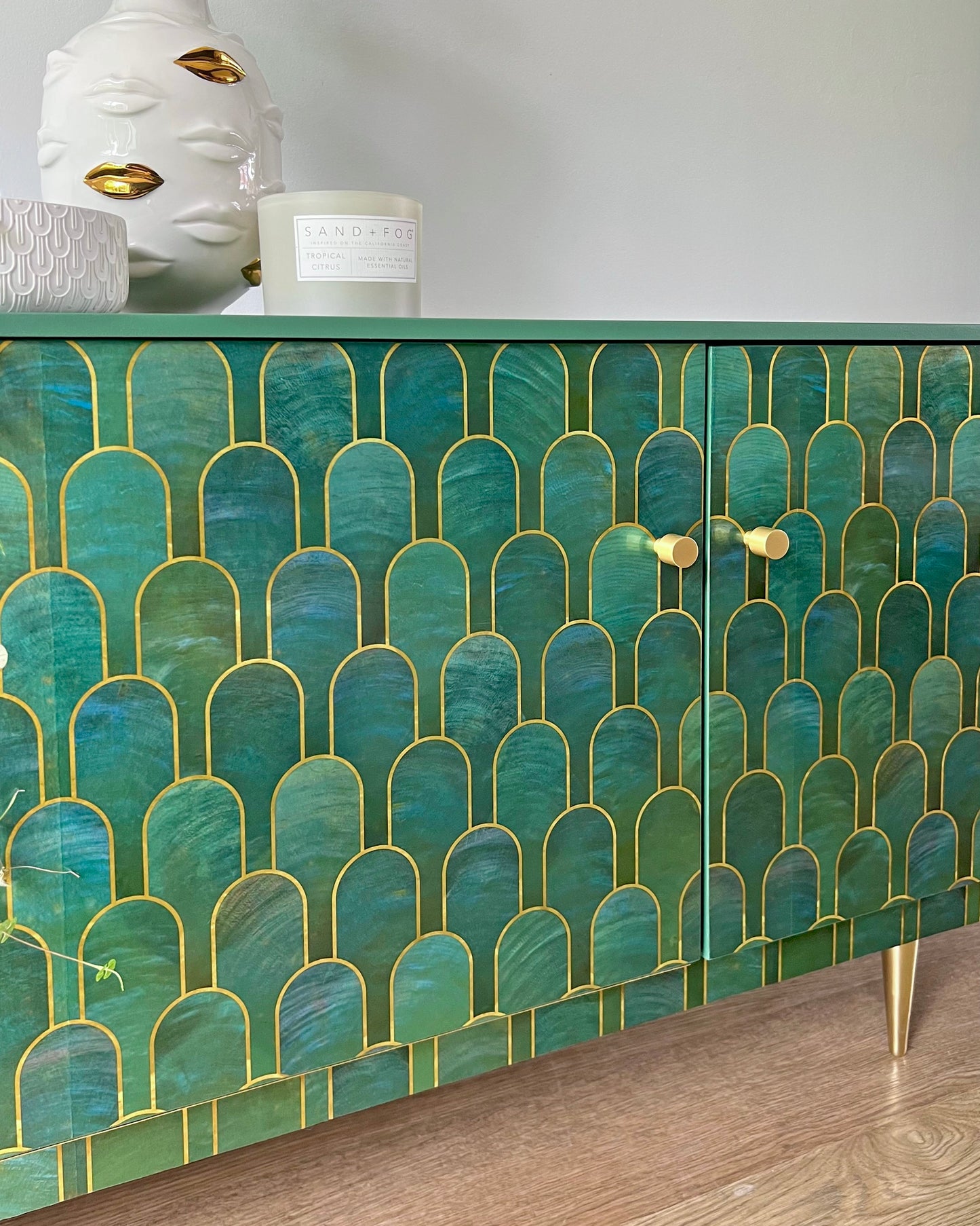 Vintage Bethan Gray Green & Gold 6ft Large Sideboard TV Unit Media Console - *MADE TO ORDER*