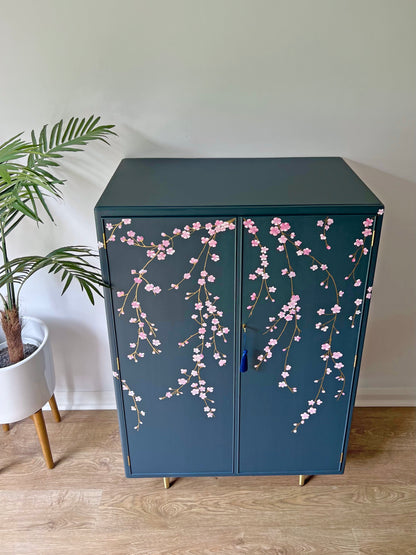 Vintage Large Blue Drinks Cocktail Cabinet Bar - Chinoiserie Cherry Blossoms - ‘Hanami’