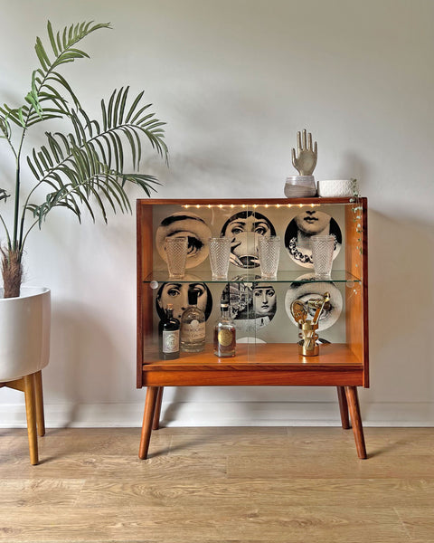 Vintage G Plan Teak Small Glass Fronted Display Drinks Cabinet - Fornasetti Tema E Variazioni