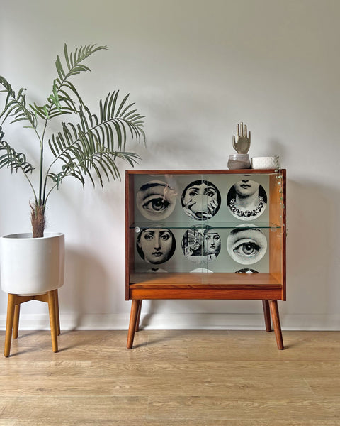 Vintage G Plan Teak Small Glass Fronted Display Drinks Cabinet - Fornasetti Tema E Variazioni