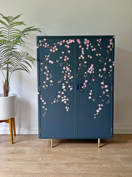 Vintage Large Blue Drinks Cocktail Cabinet Bar - Chinoiserie Cherry Blossoms - Made to Order