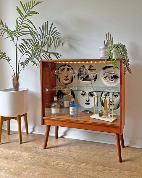 Vintage G Plan Teak Small Glass Fronted Display Drinks Cabinet - Fornasetti Tema E Variazioni 1