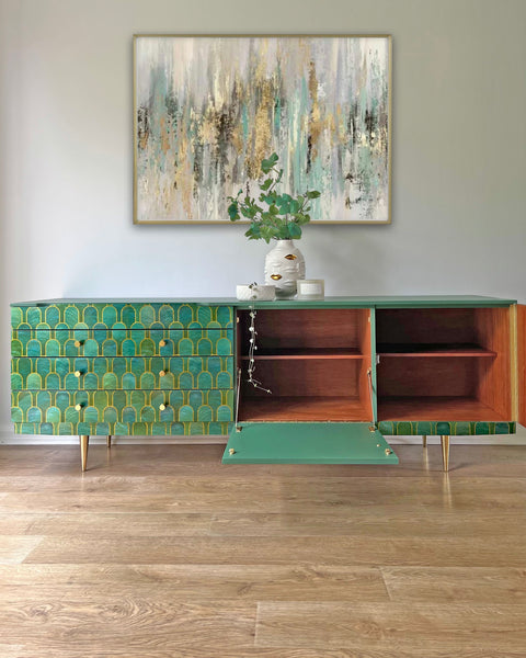 Vintage Bethan Gray Green & Gold 6ft Large Sideboard TV Unit Media Console