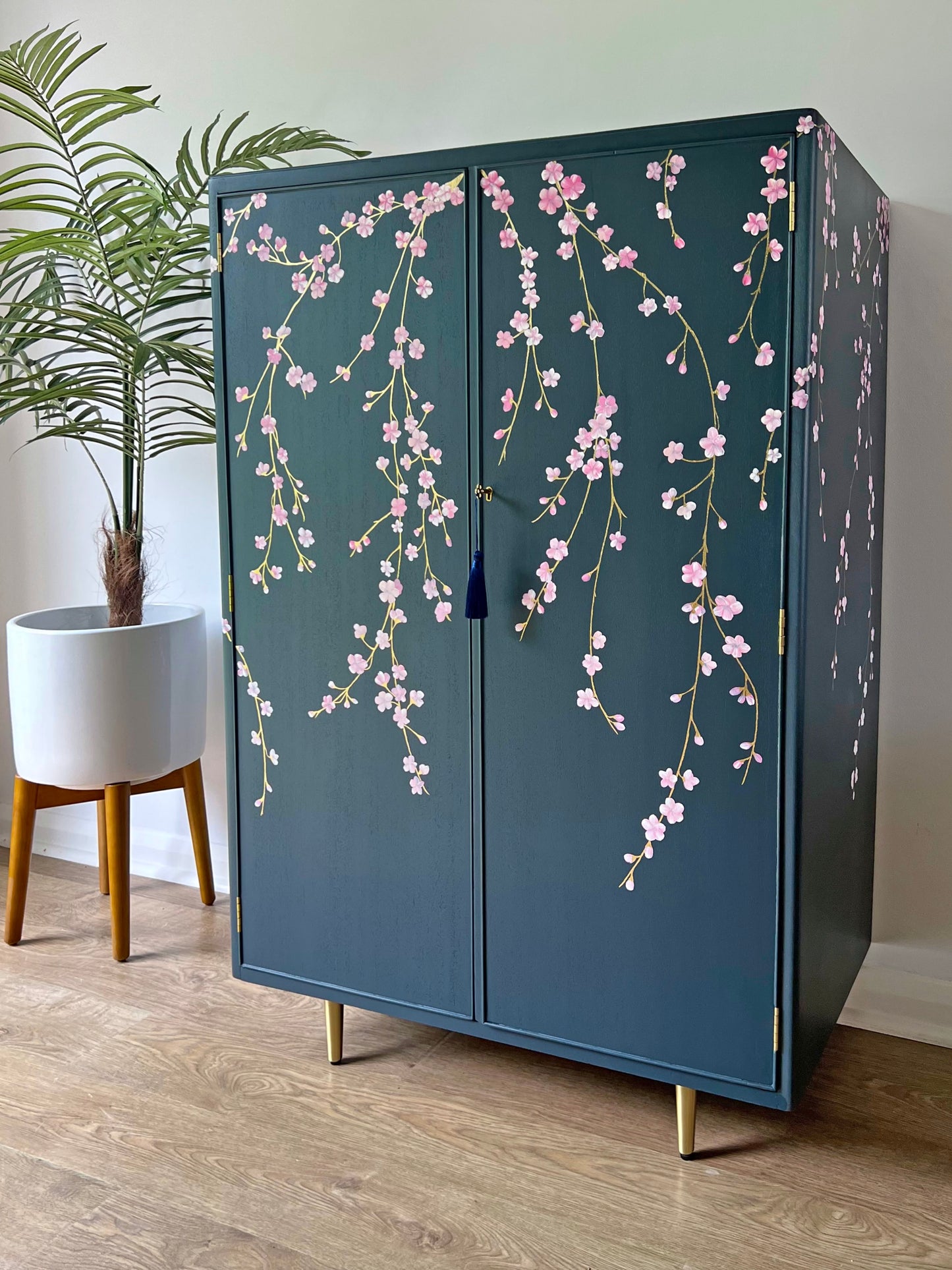 Vintage Large Blue Drinks Cocktail Cabinet Bar - Chinoiserie Cherry Blossoms - Made to Order