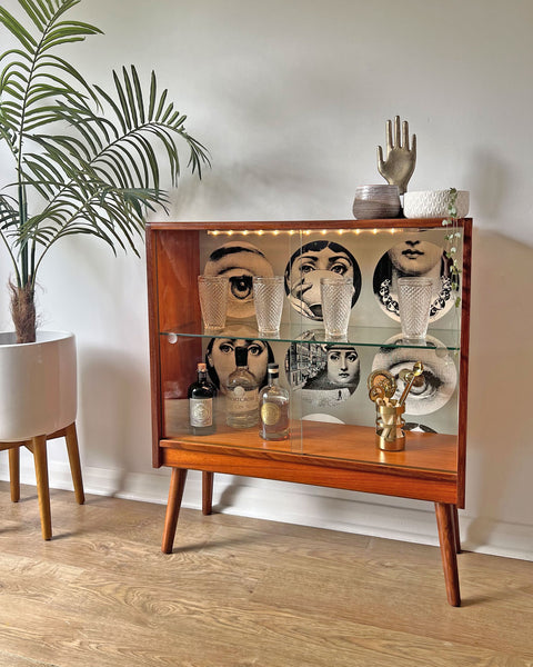 Vintage G Plan Teak Small Glass Fronted Display Drinks Cabinet - Fornasetti Tema E Variazioni