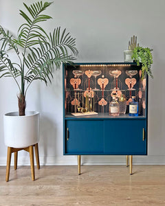 Vintage Blue and Gold Art Noveau/Deco Slimline Cocktail Drinks Cabinet Gin Bar