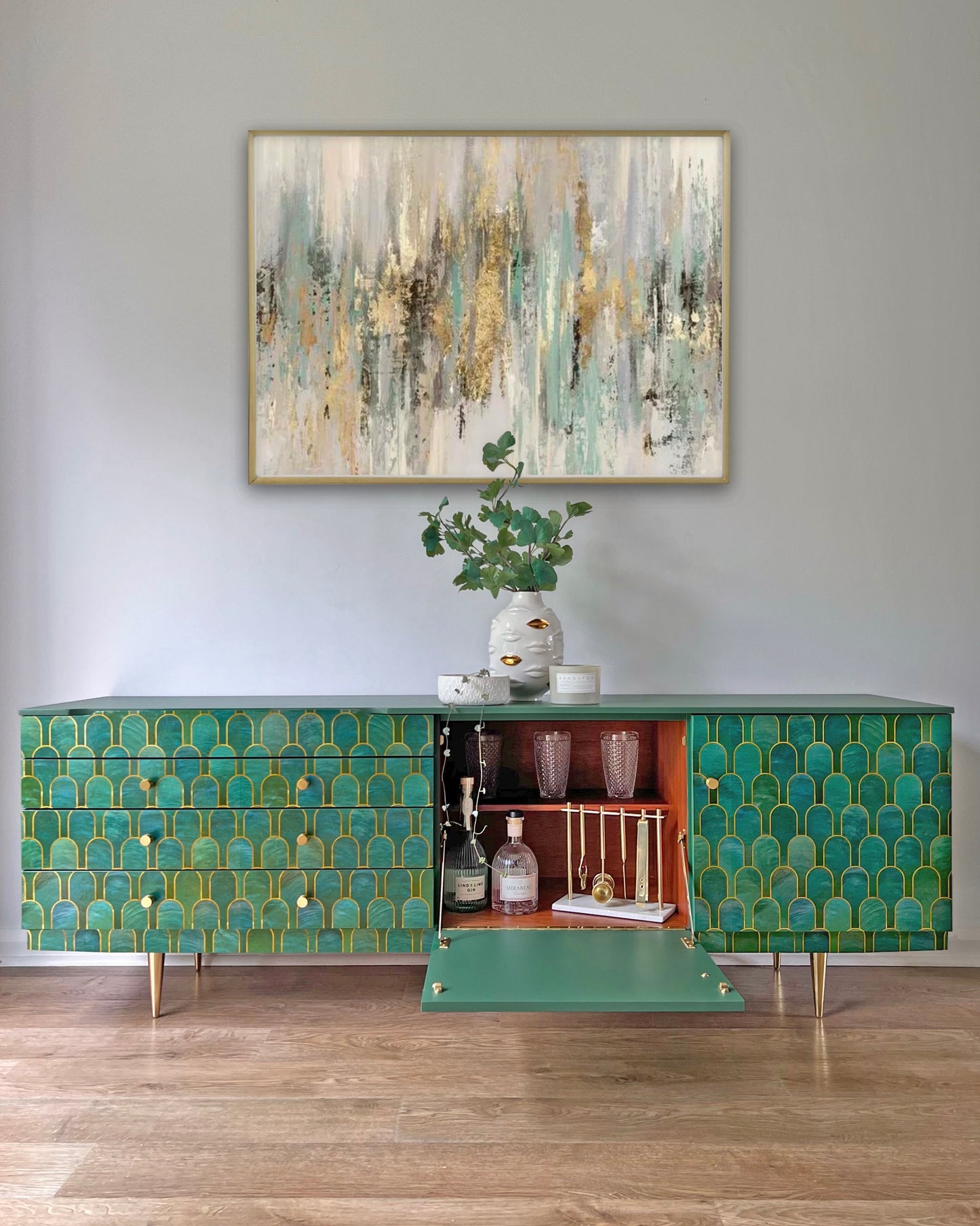 Vintage Bethan Gray Green & Gold 6ft Large Sideboard TV Unit Media Console - *MADE TO ORDER*