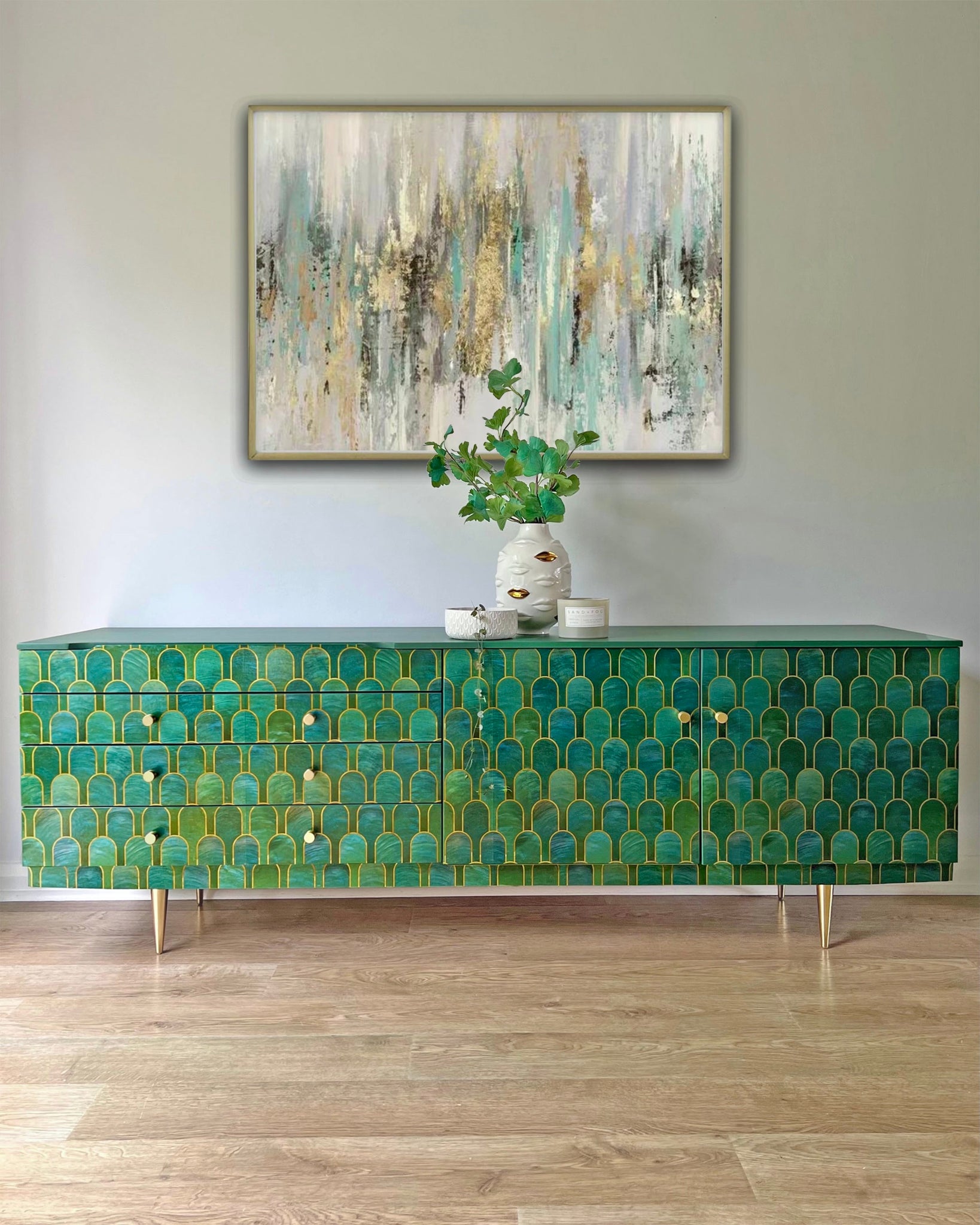 Vintage Bethan Gray Green & Gold 6ft Large Sideboard TV Unit Media Console