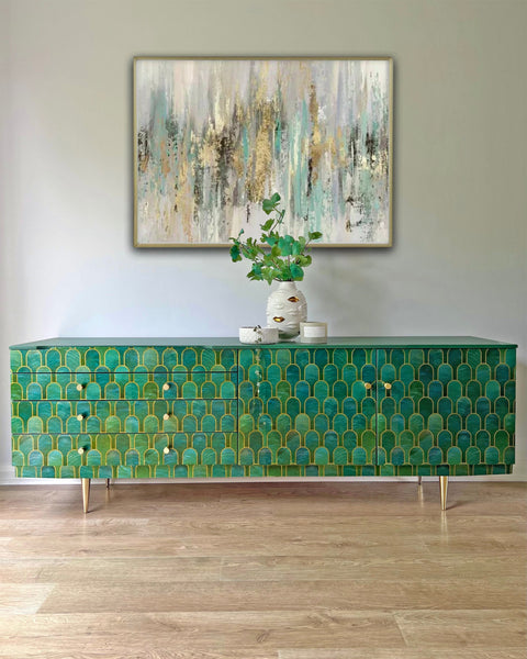 Vintage Bethan Gray Green & Gold 6ft Large Sideboard TV Unit Media Console