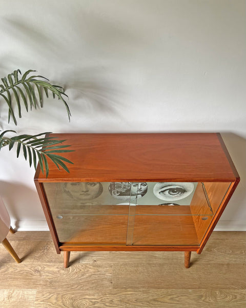 Vintage G Plan Teak Small Glass Fronted Display Drinks Cabinet - Fornasetti Tema E Variazioni