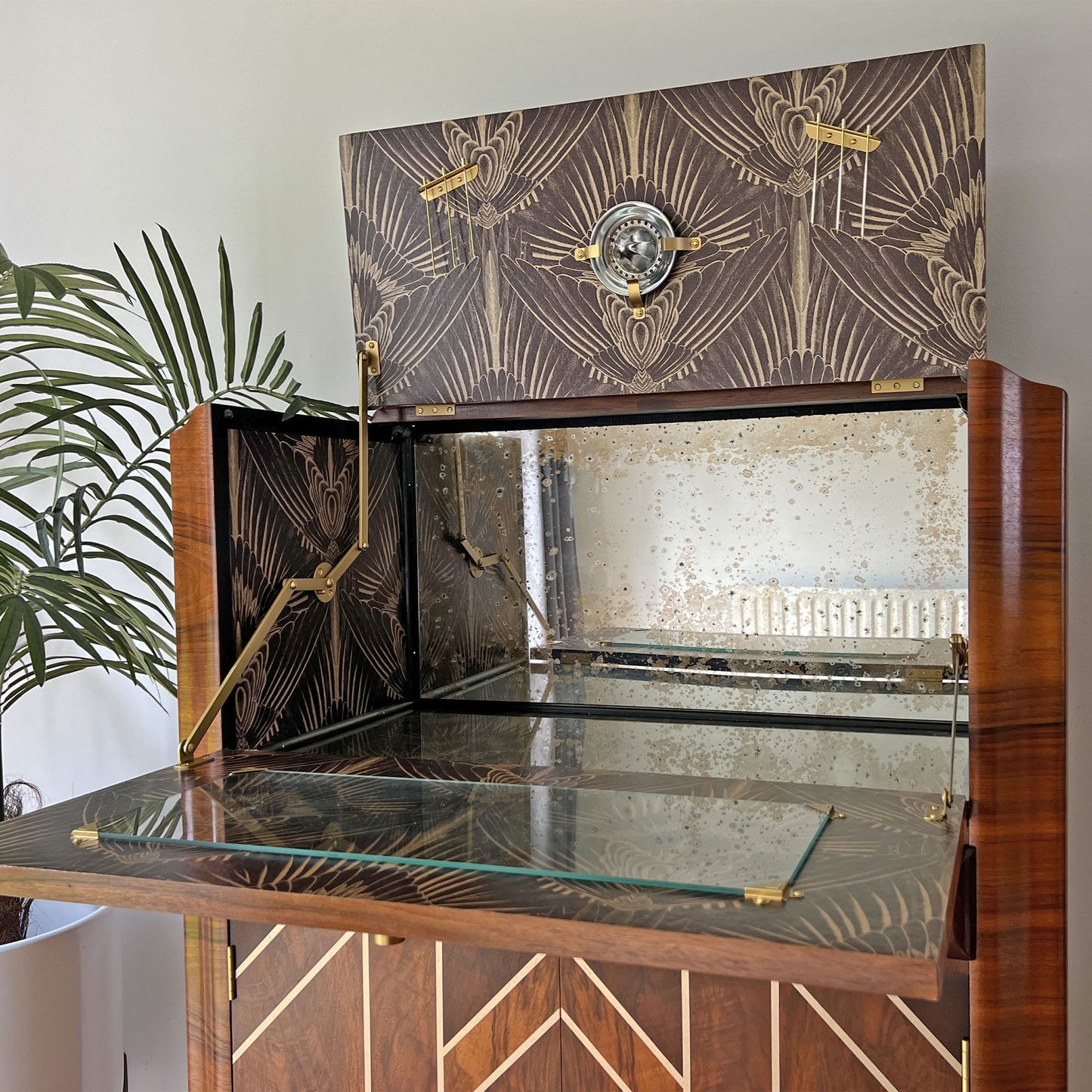 Art Deco Gatsby Walnut Gold Geometric Drinks Cocktail Whiskey Cabinet - *MADE TO ORDER*