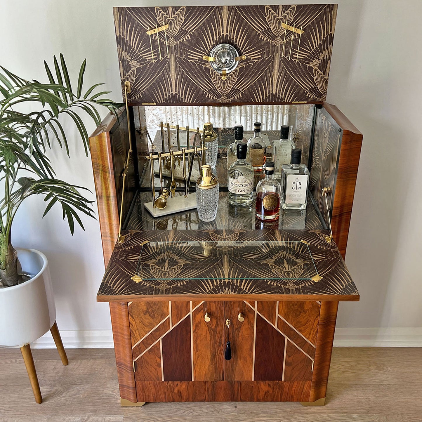 Art Deco Gatsby Walnut Gold Geometric Drinks Cocktail Whiskey Cabinet - *MADE TO ORDER*
