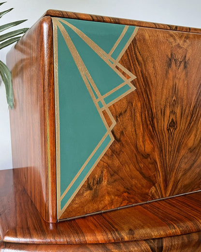 Large Vintage Walnut 1920s Art Deco Cocktail Cabinet - Bespoke Hand-Painted Pink & Green Design - Made to Order
