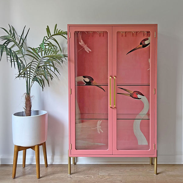 G Plan Modern Glass Display Drinks Cocktail Cabinet - Pink Gucci Herons - *MADE TO ORDER*