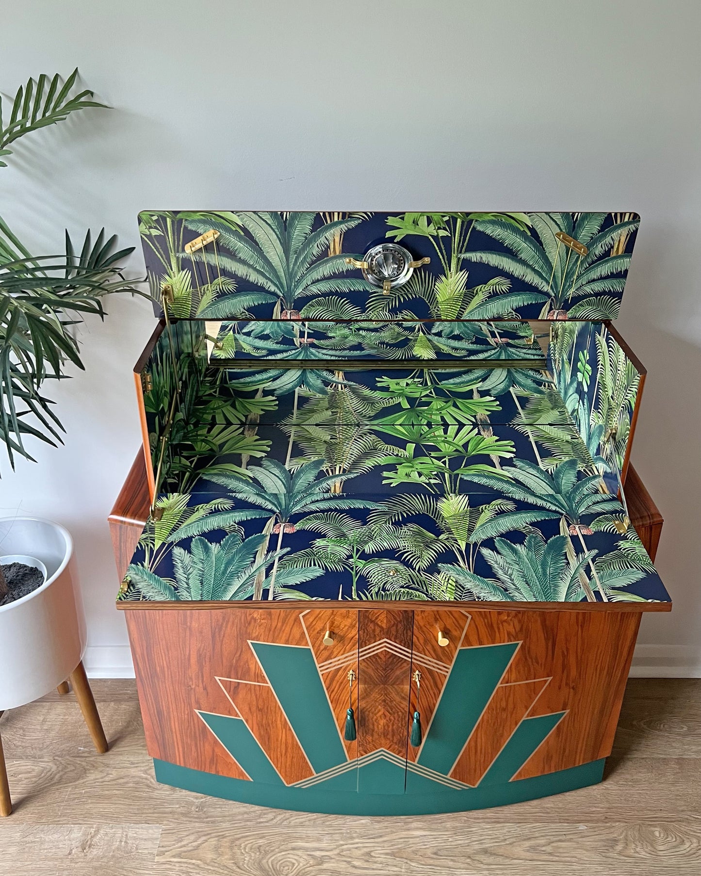 Large Vintage Walnut 1920s Art Deco Cocktail Cabinet - Bespoke Hand-Painted Design - Made to Order