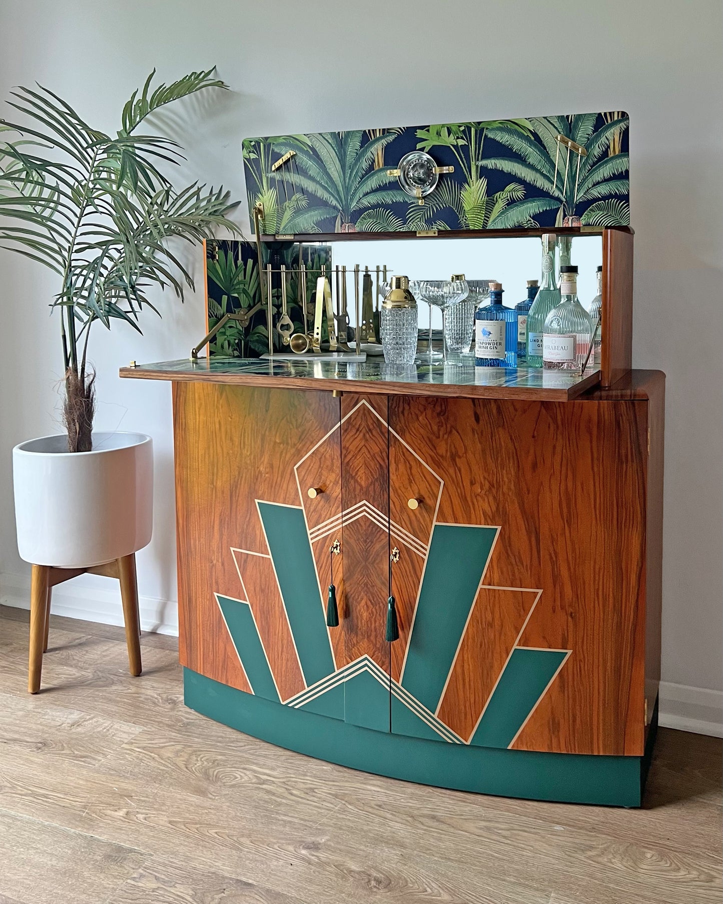 Large Vintage Walnut 1920s Art Deco Cocktail Cabinet - Bespoke Hand-Painted Design - *MADE TO ORDER*