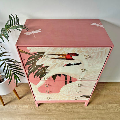 Top view of Stag C Range tallboy, showcasing its pink Gucci Herons print and smooth, varnished finish.